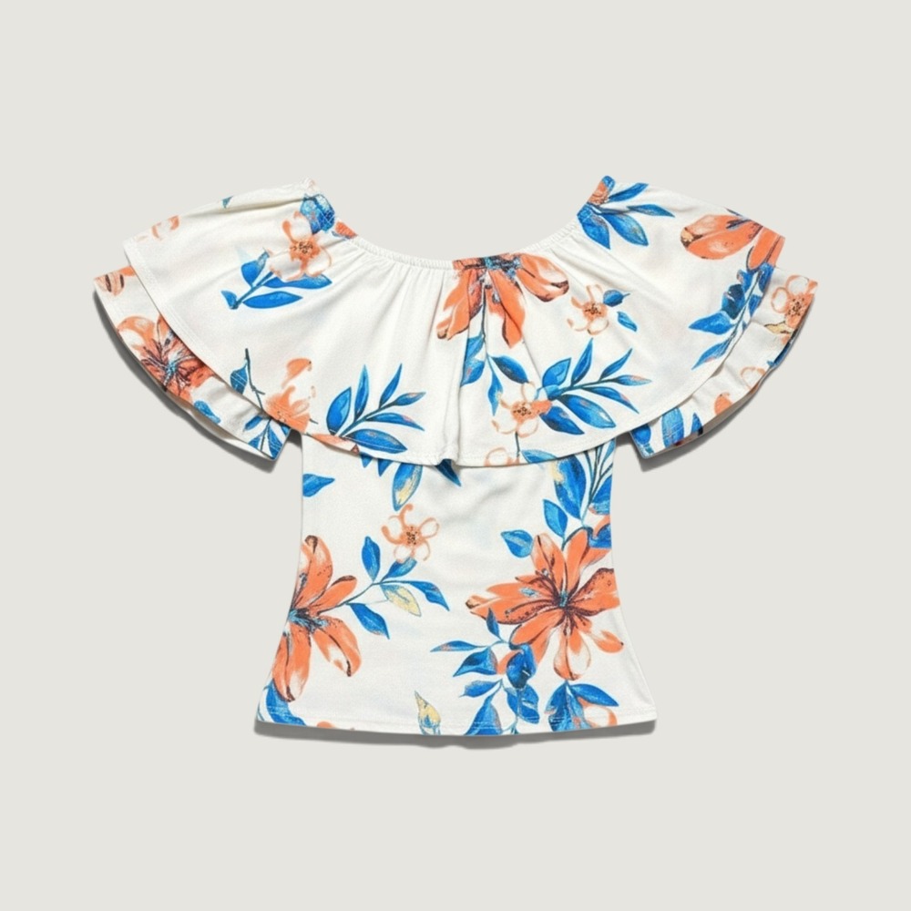 GIBIU Women's 2-Piece Floral Top & Skirt Set White/Blue/Peach Ruffle